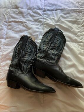 J. Chisholm Black Cowboy Boots with Blue and Yellow Stitching, Mens 12 wide